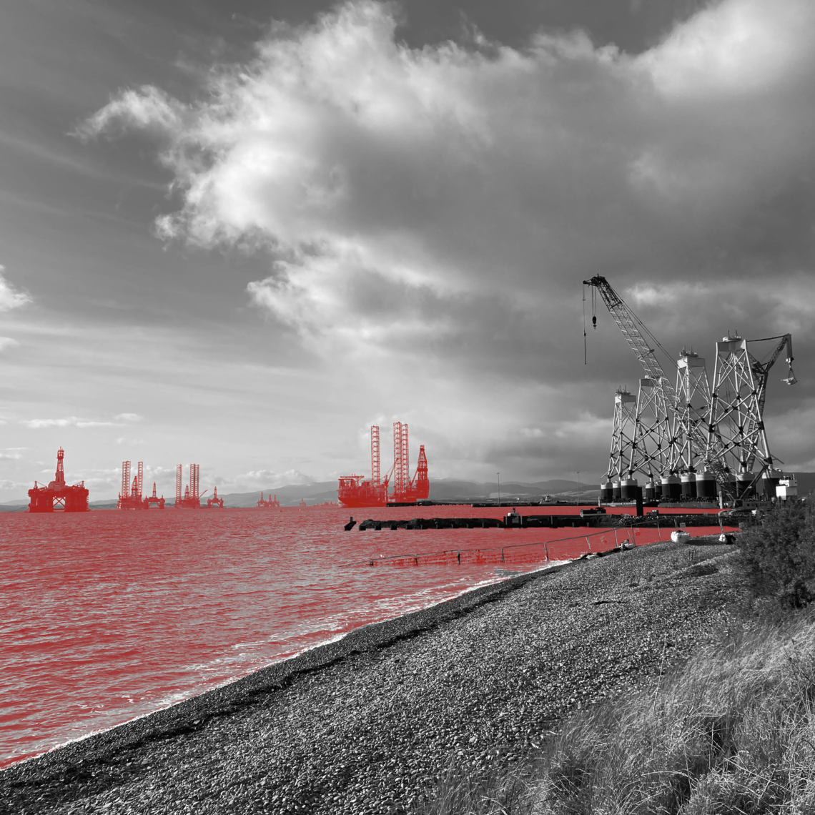 Episode image: In the Cromarty Firth at the edge of Nigg, Scotland, retired oil rigs, left, and, to the right, wind turbine supports, or “jackets,” waiting to be towed out to sea. Photo by Victoria MacArthur. Image editing by Mara Guevarra.