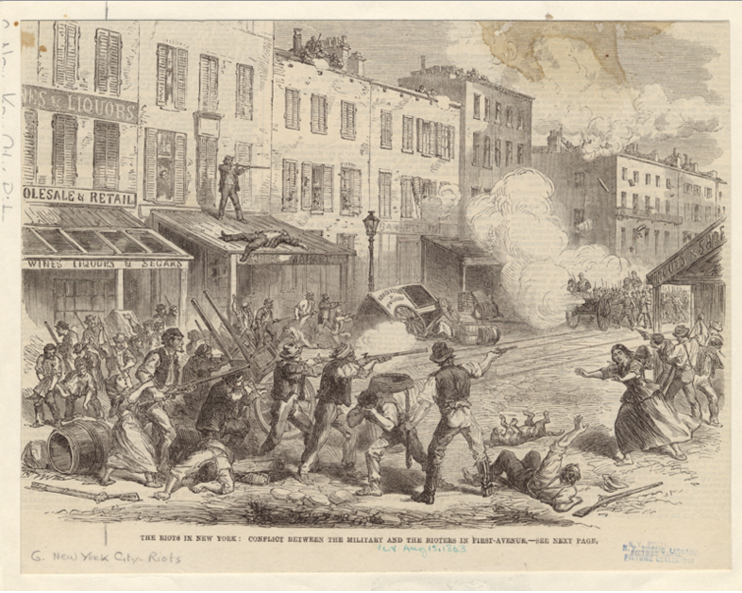 : New York City during the Draft Riots of 1863. Credit: Greenwich Village Society of Historical Preservation.