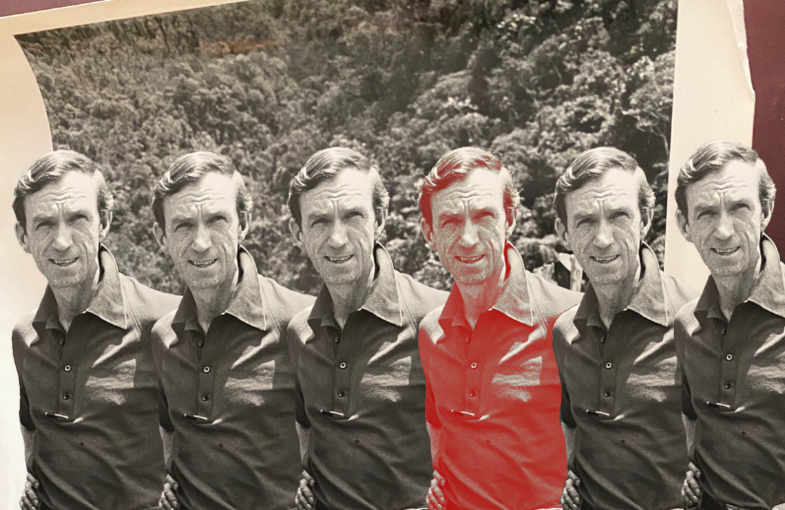 Episode image: E. Bruce Harrison in Indonesia, 1970, working for the American mining company Freeport McMoRan. Duplicate Harrisons lined up against jungle background. Photo courtesy of his daughter, Susan Harrison. Image editing by Mara Guevarra.